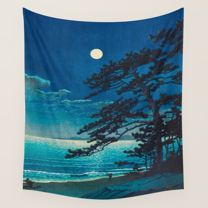 Vintage Japanese Woodblock Print Moonlight Over Ocean Japanese Landscape Tall Tree Silhouette Wall Tapestry