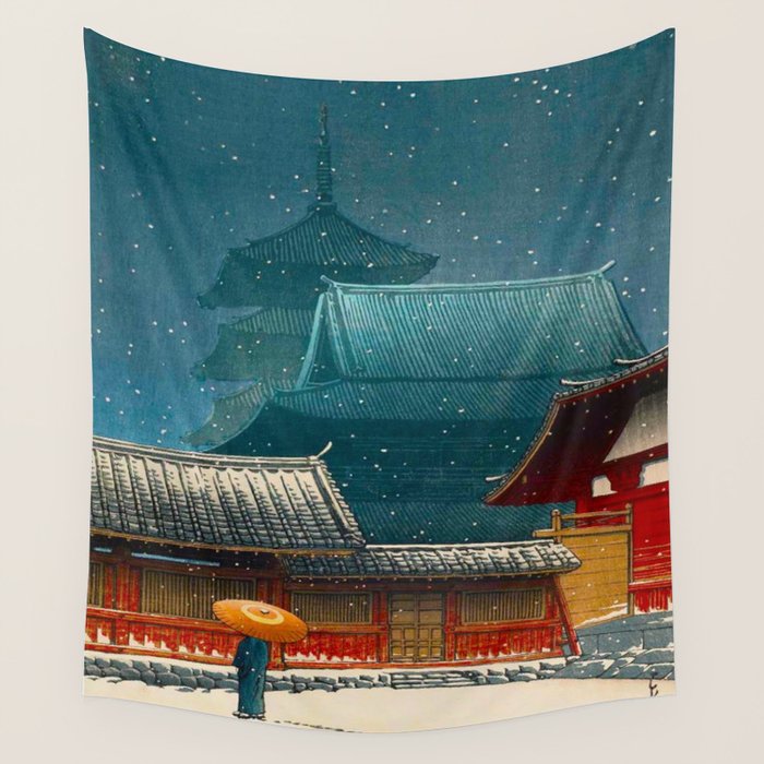 Vintage Japanese Woodblock Print Japanese Red Shinto Shrine Pagoda Winter Snow Wall Tapestry