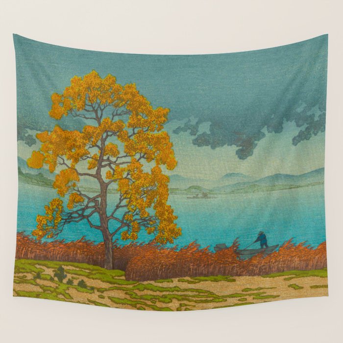 Vintage Japanese Woodblock Print Autumn Japanese Landscape Field Tall Tree Wall Tapestry