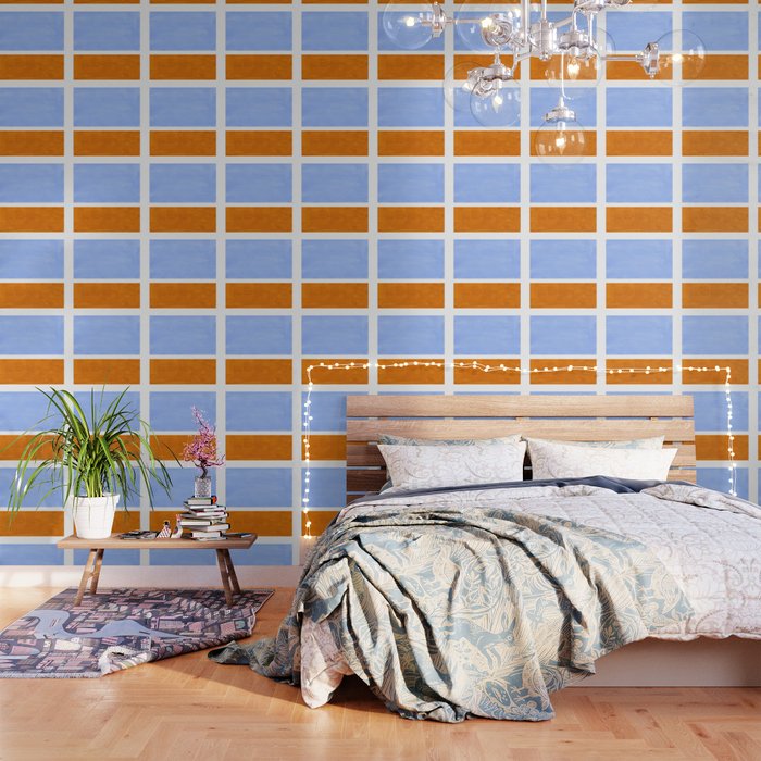Pastel Royal Blue Yellow Ochre Mid Century Modern Abstract Minimalist Rothko Color Field Squares Wallpaper
