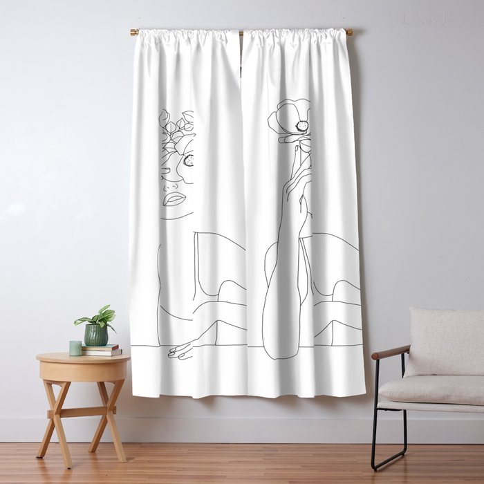 Minimal Line Art Woman With Flowers Ii Window Curtain