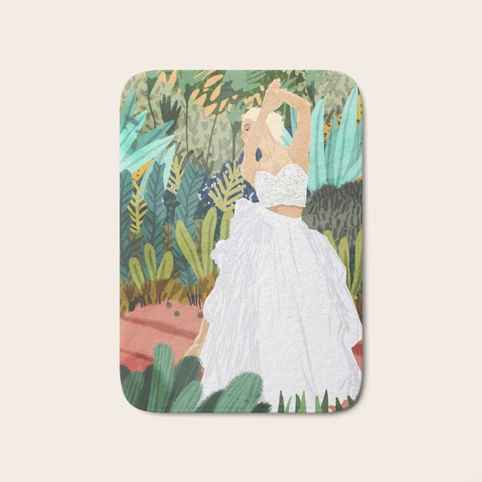 Forest Bride | Jungle Wedding Painting | Travel Solo | Blonde Woman Dancing Joy Bath Mat