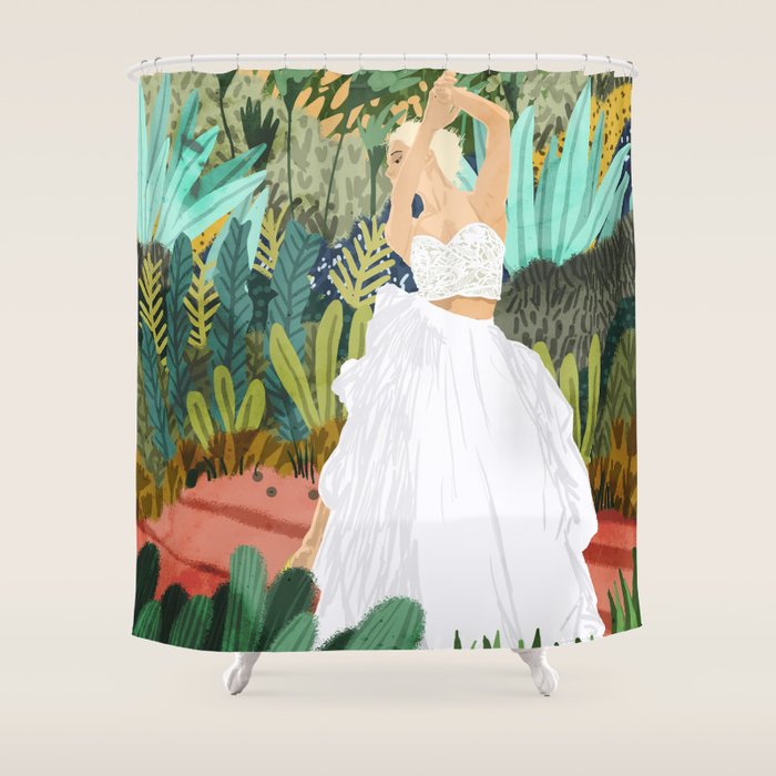 Forest Bride | Jungle Wedding Painting | Travel Solo | Blonde Woman Dancing Joy Shower Curtain