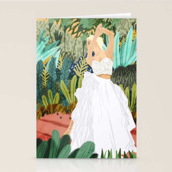 Forest Bride | Jungle Wedding Painting | Travel Solo | Blonde Woman Dancing Joy Stationery Card
