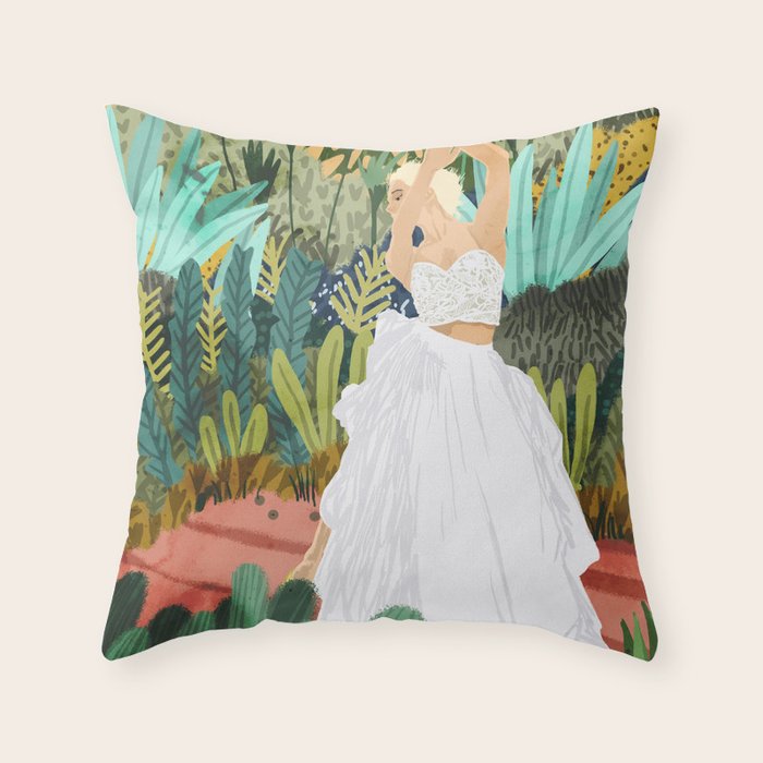 Forest Bride | Jungle Wedding Painting | Travel Solo | Blonde Woman Dancing Joy Throw Pillow