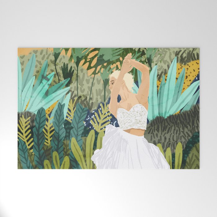 Forest Bride | Jungle Wedding Painting | Travel Solo | Blonde Woman Dancing Joy Welcome Mat