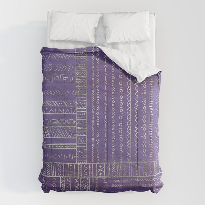 Tribal Ethnic Pattern Silver On  Purple Comforter
