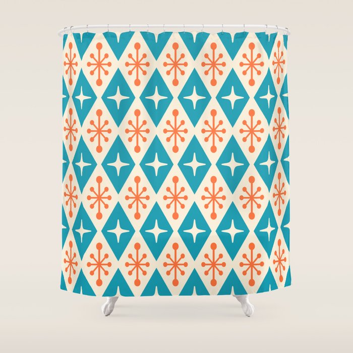 Mid Century Modern Atomic Age Googie Pattern 107 Turquoise And Orange Shower Curtain
