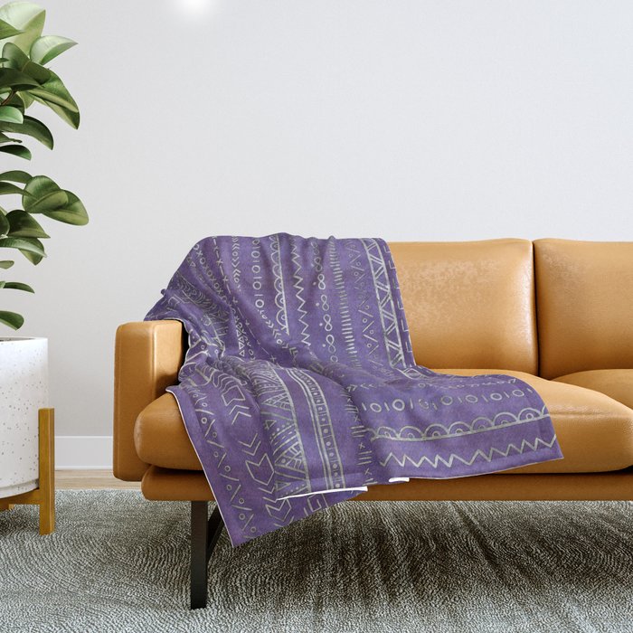 Tribal Ethnic Pattern Silver On  Purple Throw Blanket