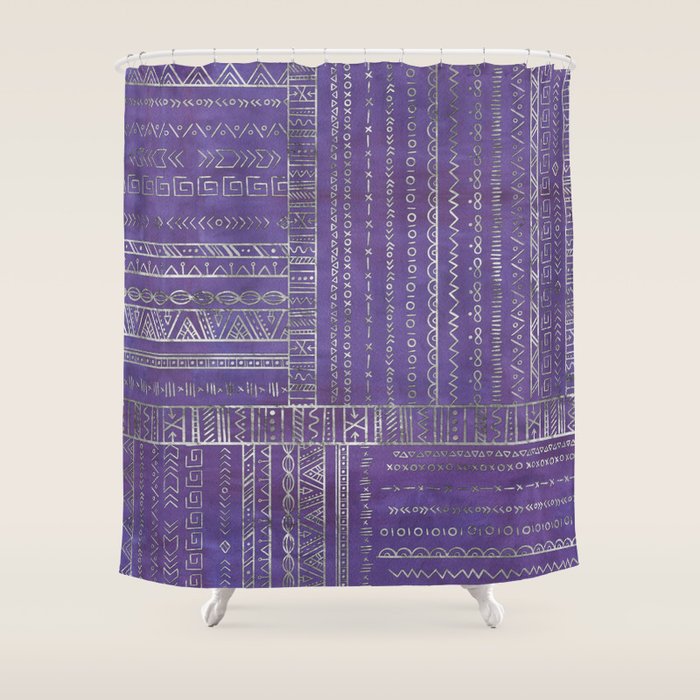 Tribal Ethnic Pattern Silver On  Purple Shower Curtain