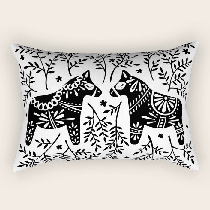 Swedish Dala Horses - Black Palette Rectangular Pillow