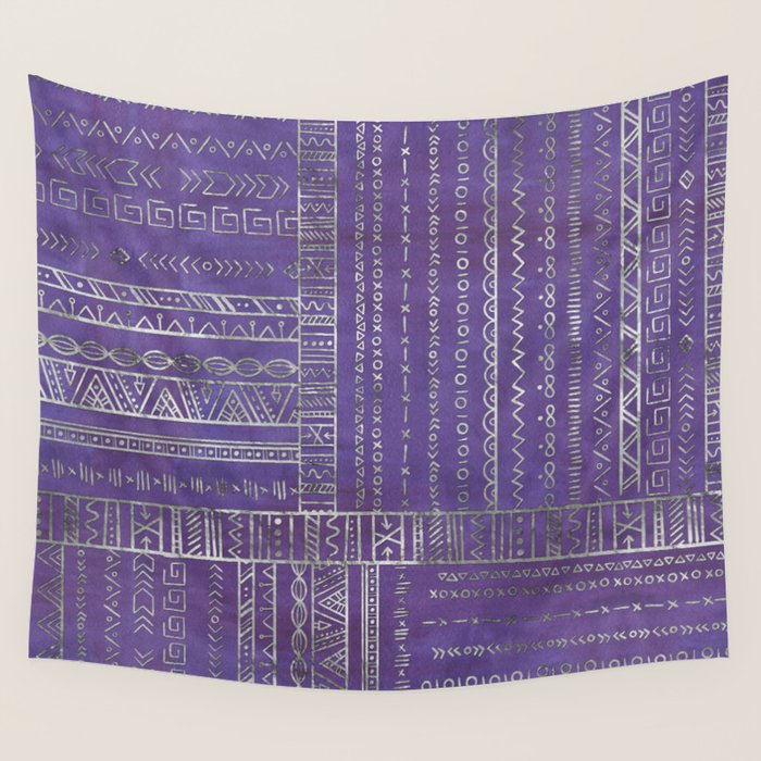 Tribal Ethnic Pattern Silver On  Purple Wall Tapestry