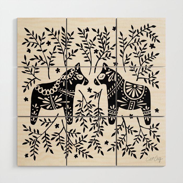 Swedish Dala Horses - Black Palette Wood Wall Art