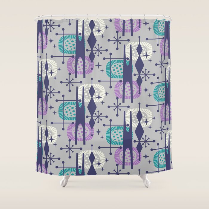 Retro Atomic Mid Century Pattern Grey Teal Blue And Lavender Shower Curtain