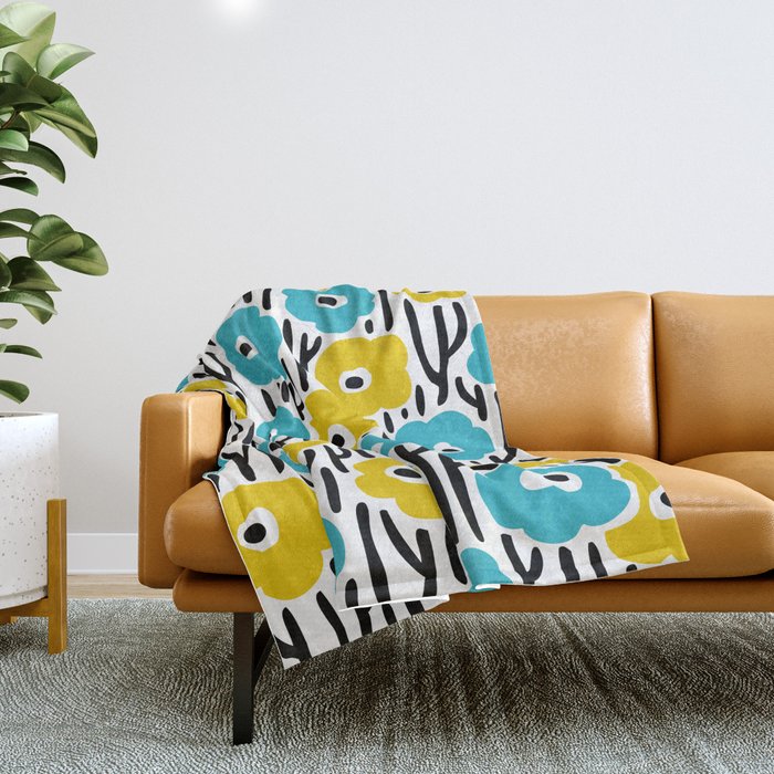 Wild Flowers Pattern Turquoise And Yellow Throw Blanket