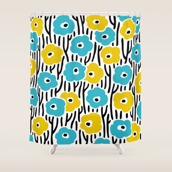 Wild Flowers Pattern Turquoise And Yellow Shower Curtain