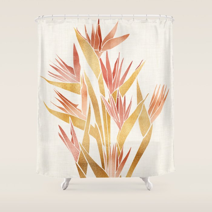 Metallic Gold Bird Of Paradise Flowers Shower Curtain