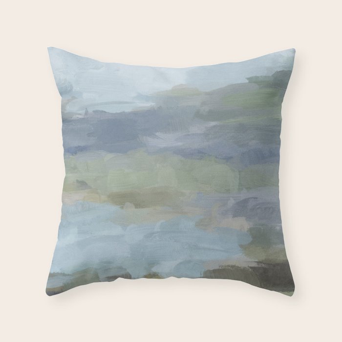 Summer At The Lake Ii - Sky Gray Blue Sage Green Abstract Wall Art, Painting Nature Print Portrait Throw Pillow