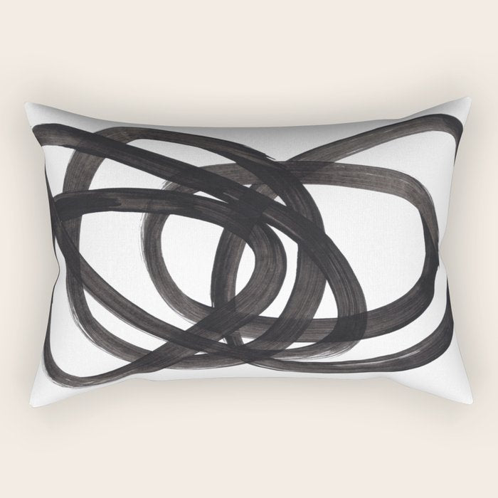 Black And White Minimalist Mid Century Abstract Ink Art Circle Swirls Black Circles Minimal Rectangular Pillow