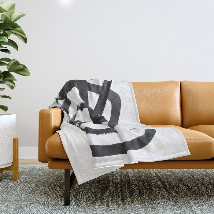 Black And White Minimalist Mid Century Abstract Ink Art Circle Swirls Black Circles Minimal Throw Blanket