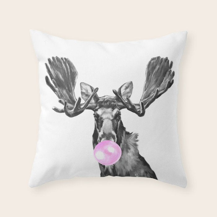 Bubble Gum Moose In Black And White Throw Pillow