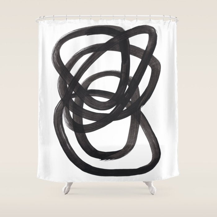 Black And White Minimalist Mid Century Abstract Ink Art Circle Swirls Black Circles Minimal Shower Curtain