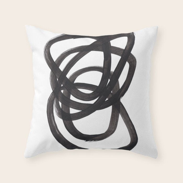 Black And White Minimalist Mid Century Abstract Ink Art Circle Swirls Black Circles Minimal Throw Pillow