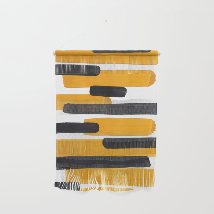 Mid Century Abstract Black & Yellow Fun Pattern Mustard Striped Primitive Stripes Wall Hanging