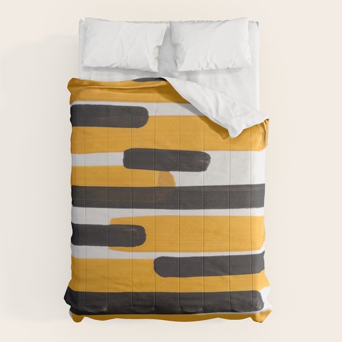 Mid Century Abstract Black & Yellow Fun Pattern Mustard Striped Primitive Stripes Comforter