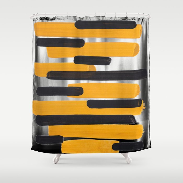 Mid Century Abstract Black & Yellow Fun Pattern Mustard Striped Primitive Stripes Shower Curtain
