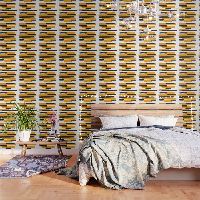 Mid Century Abstract Black & Yellow Fun Pattern Mustard Striped Primitive Stripes Wallpaper