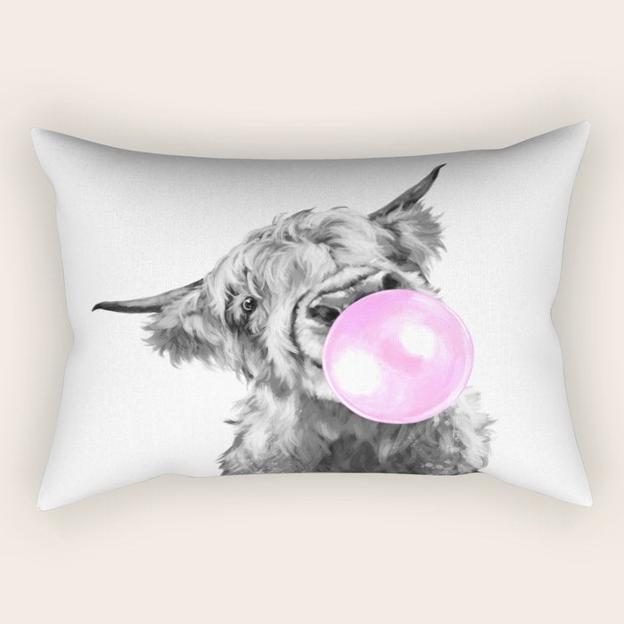 Bubble Gum Highland Cow Black And White Rectangular Pillow