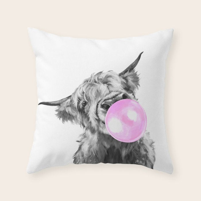 Bubble Gum Highland Cow Black And White Throw Pillow