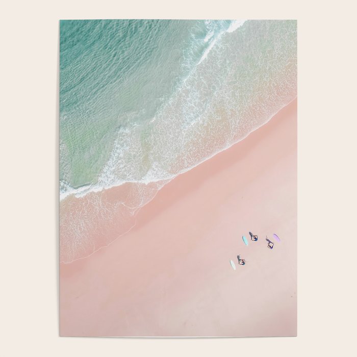 Surf Yoga Ii - Aerial Pink Beach Print - Ocean - Sea Travel Photography By Ingrid Beddoes Poster