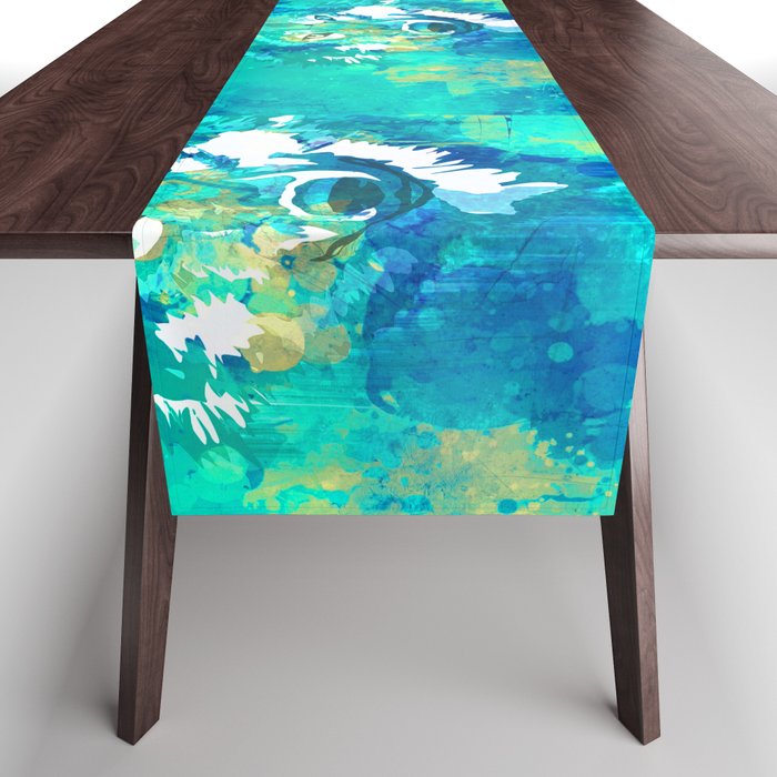 Teal Yellow Hand Painted Watercolor Wolf Table Runner