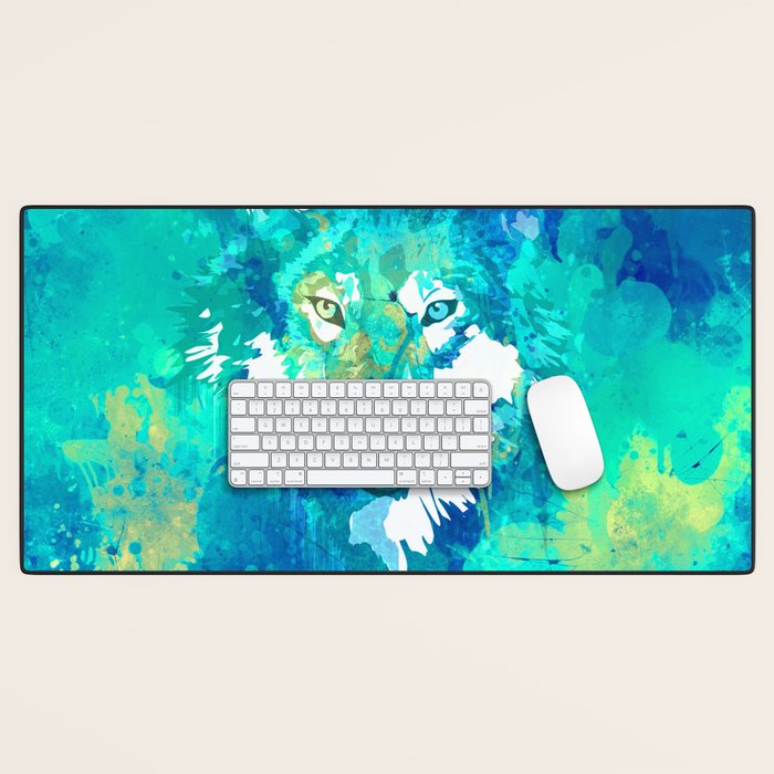 Teal Yellow Hand Painted Watercolor Wolf Desk Mat
