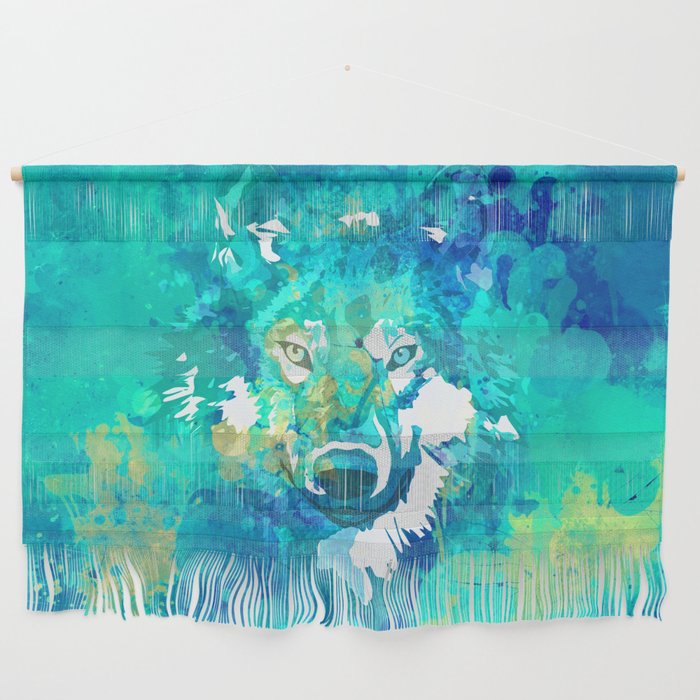 Teal Yellow Hand Painted Watercolor Wolf Wall Hanging