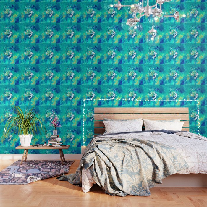 Teal Yellow Hand Painted Watercolor Wolf Wallpaper