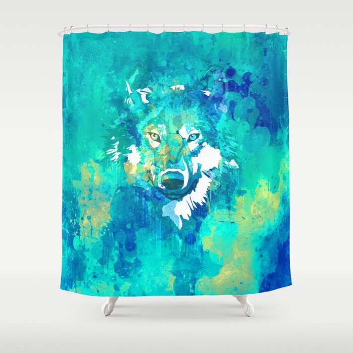 Teal Yellow Hand Painted Watercolor Wolf Shower Curtain