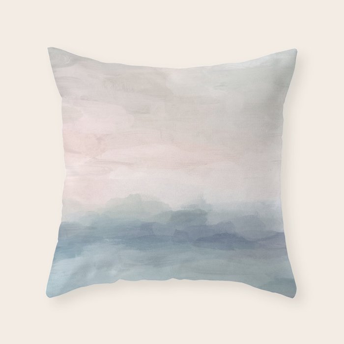 Atlantic Ocean Sunrise Ii - Blush Pink Mint Sky Baby Blue Abstract Sky, Water Clouds Painting Throw Pillow