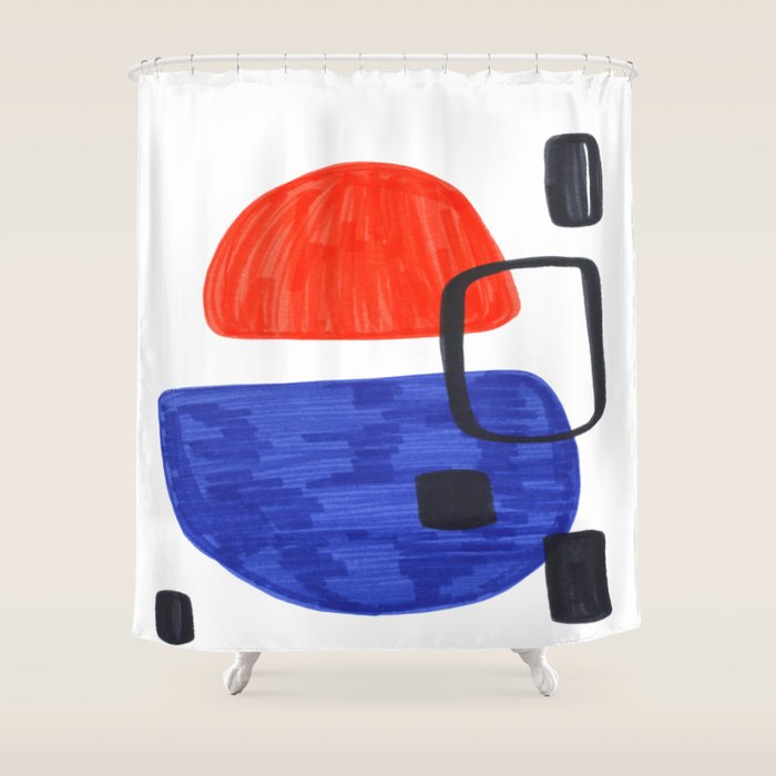 Mid Century Modern Abstract Minimalist Art Colorful Shapes Vintage Retro Style Orange Blue Shapes Shower Curtain