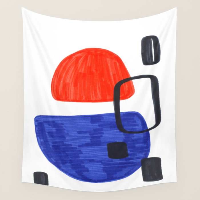 Mid Century Modern Abstract Minimalist Art Colorful Shapes Vintage Retro Style Orange Blue Shapes Wall Tapestry