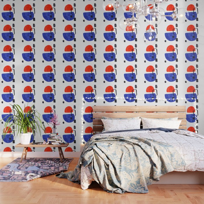 Mid Century Modern Abstract Minimalist Art Colorful Shapes Vintage Retro Style Orange Blue Shapes Wallpaper