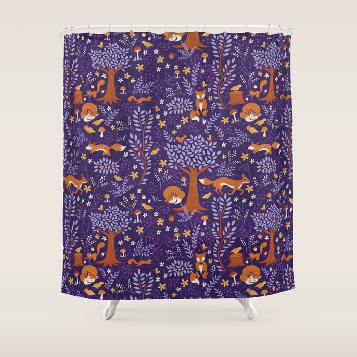 Foxes Playing In A Purple Forest Shower Curtain