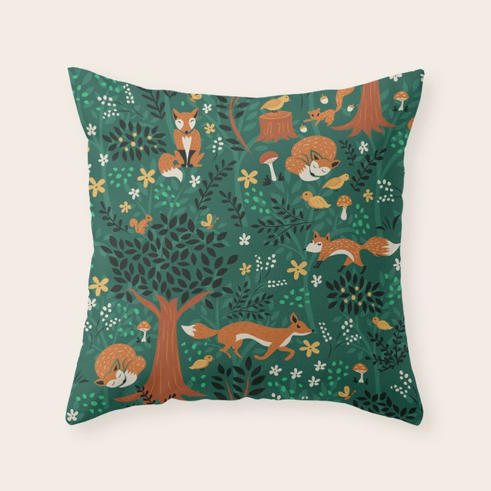 Foxes Playing In The Emerald Forest Throw Pillow