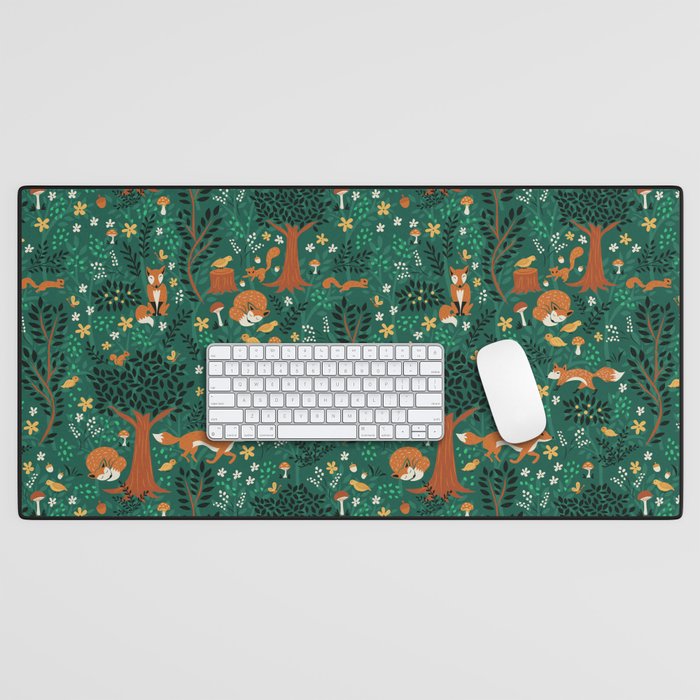 Foxes Playing In The Emerald Forest Desk Mat