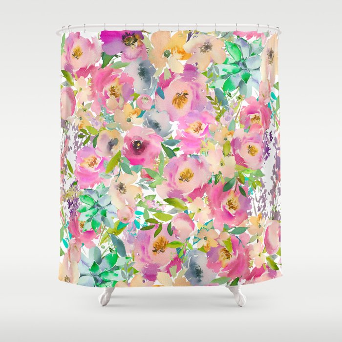 Elegant Blush Pink Lavender Green Watercolor Floral Shower Curtain