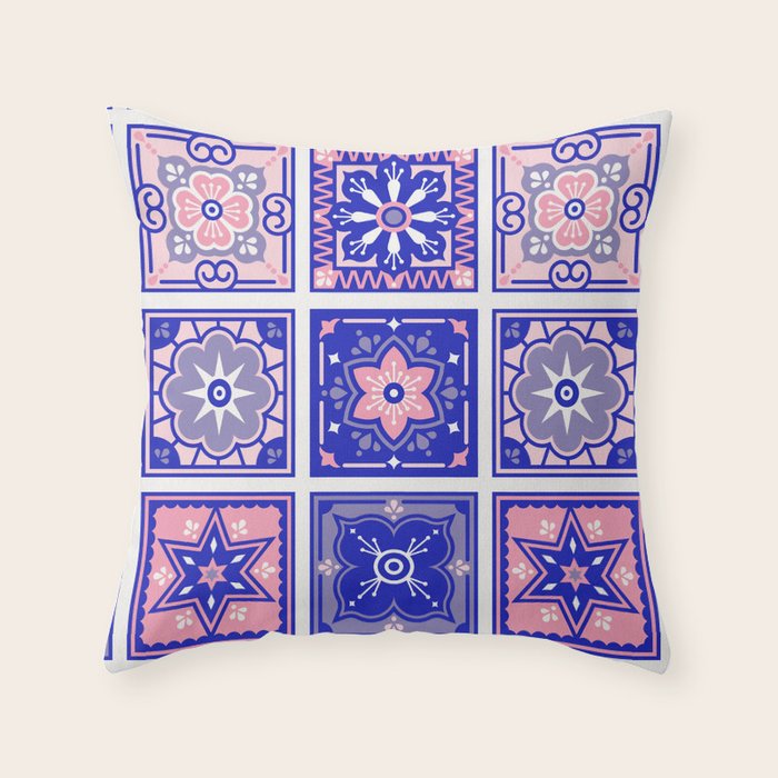 Talavera Mexican Tile - Pink & Periwinkle Palette Throw Pillow