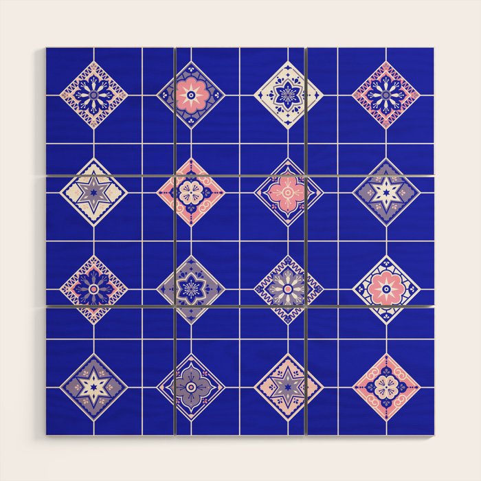 Talavera Mexican Tile - Pink & Periwinkle Palette Wood Wall Art