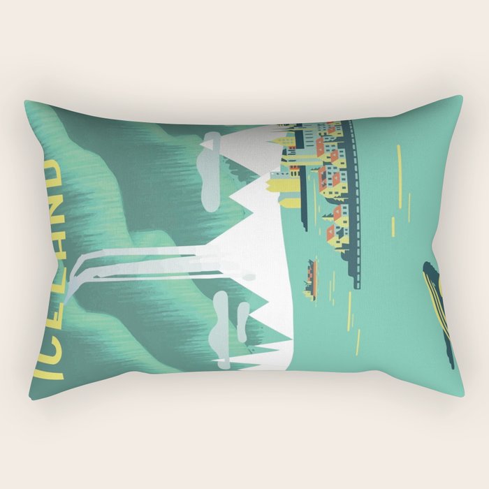 Vintage Mid Century Modern Iceland Scandinavian Travel Poster Ocean Whale Winter Village Rectangular Pillow